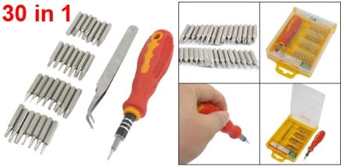 Rubber Handle w 30pcs Slotted Phillips Hex Tri-Wing Screwdriver Bits