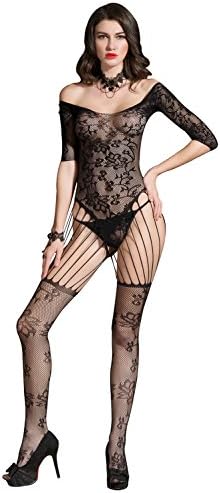 MOJOY Women's Seamless Halter Net Dress See Through Crotchless Stocking Black