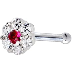 Solid 14KT White Gold Red Clear CZ Flower Nose Bone