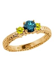 0.79 Ct Round Blue and Canary Diamond 18K Yellow Gold 3-Stone Ring