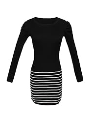 Round Neck Polyester/Spandex/Knit Long Sleeves Puff Sleeves Striped Print Mini Dress 