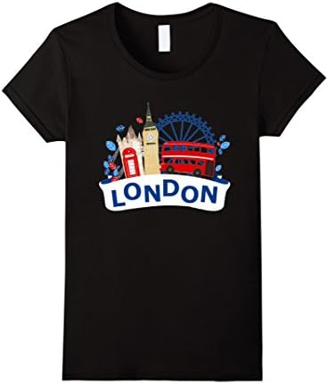 Women's London Souvenir T-shirt with Double Decker Bus, London Eye Small Black