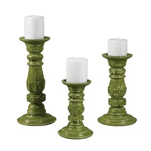 Two's Company Verdigris Hand Carved Mango Wood Pillar Candleholders, Set of 3