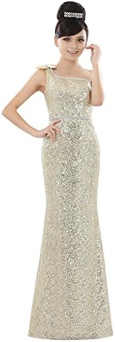 Vogue008 Womens One Shoulder Sequins Floor-length Formal Dress with Rhinestones-18WB-Beige