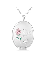 Oval Pendant Photo Locket w/ Love Engraving and Flower Sterling Silver