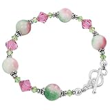 SCBR020 Sterling Silver Pink and Green Jade Crystal Bracelet 7.5 inch Made with Swarovski Elements