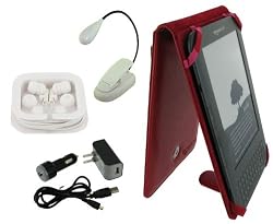 rooCase 6n1 Flip (Red) Leather Case with LED Clip-on Book Light / Earbud / USB Data / Wall / Car Charger for Amazon Kindle Wireless Reading Device with 6 Display 3G + Wi-Fi (3rd Generation and Latest Generation)