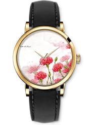 SPRAWL Aanalog Fashion Series Gold Ladies Watches of Genuine Black Leather Strap,Unique Wrist Watch for Women Girls Designed with Red carnations