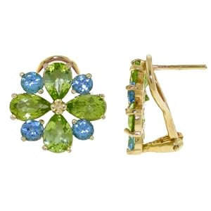14k Gold French Clip Earrings with Genuine Peridots and Blue Topaz by 