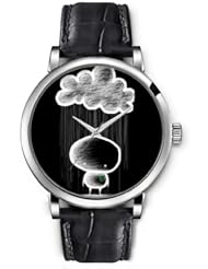 SPRAWL Aanalog Fashion Series Silver Ladies Watches of Genuine Black Leather Strap,Unique Wrist Watch for Women Girls Designed with Snowman in the rain