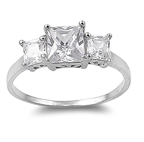 Three Stones Princess Cut Cubic Zirconia Ring Sterling Silver 925 (Sizes 4-12)