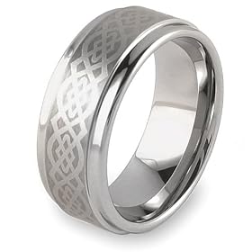 Ridged Edge Brushed and Polished Tungsten Carbide Ring with Laser Design (9.0mm) - Sizes 5 - 13: West Coast Jewelry: Jewelry