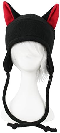 Black Fleece Cat Hat with Red Inner Ears Super Cute Anime Aviator Style Adult Sized