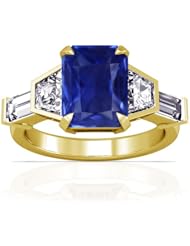 14K Yellow Gold Emerald Cut Blue Sapphire Ring With Sidestones