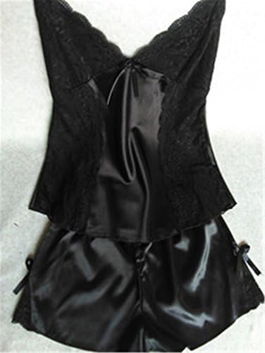 Xiaotuzai Natural women's tracksuits satin pajamas female sexy deep v straps lace lingerie nightwear set pyjamas set wholesale 2015 summer style black setM Comfortable