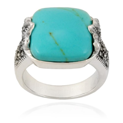 Sterling Silver Marcasite and Synthetic Turquoise Cushion Ring, Size 7