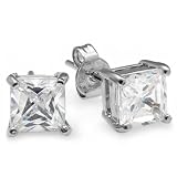 0.50 Ct White Stud Earrings Square Princess CZ 4MM Cubic Zirconia Basket Setting Platinum Plated Pushback Post