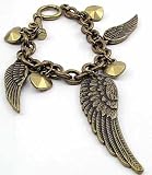 Designer Look Triple Angel Wing Wings & Hearts Charm Toggle Bracelet Antique Silver Tone