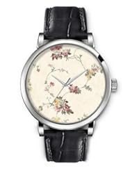 Analog Silver Ladies Girls Watches Black Leather Wristband - Floral Pattern