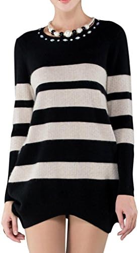 FOUQ Women's Premium Mink Cashmere Long Sleeve Striped Beaded Sweater Black Camel XL