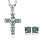 Rhodium Plated Sterling Silver Genuine Emerald Cross Pendant, 18" and Earring Set