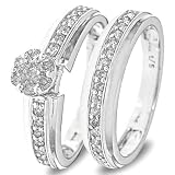 1/2 CT. T.W. Round Cut Diamond Engagement Ring and Ladies Wedding Band Set 10K White Gold - Two Rings: Ladies Engagement Ring and Ladies Wedding Band - Free Gift Box -