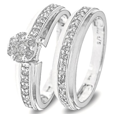 1/2 CT. T.W. Round Cut Diamond Engagement Ring and Ladies' Wedding Band Set 10K White Gold - Two Rings: Ladies Engagement Ring and Ladies Wedding Band - Free Gift Box -