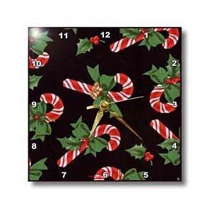 Christmas Candy Canes with Bells and Holly on Black - 10x10 Wall Clock