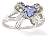 14K White Gold Genuine Heart Tanzanite and Diamond Bow Ring