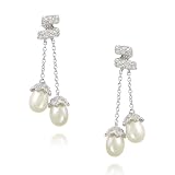 Sterlilng Silver White Freshwater Cultured Pearl & CZ Dangle Earrings