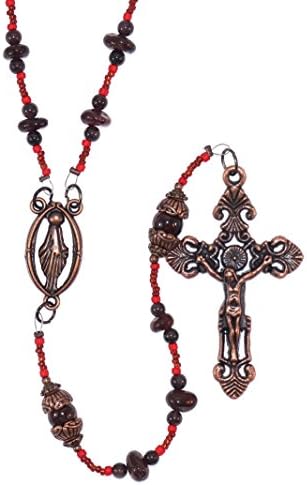 Heirloom Quality Oval Holy Blessed Virgin Mary Medal Vintage Design Pendant Rosary with 5 x 2 x 3mm Capped Dark Red Dyed Stone and Capped Round Dark Red Dyed Our Father Beads with Tibetan Style Ornate Crucufix Gift Boxed