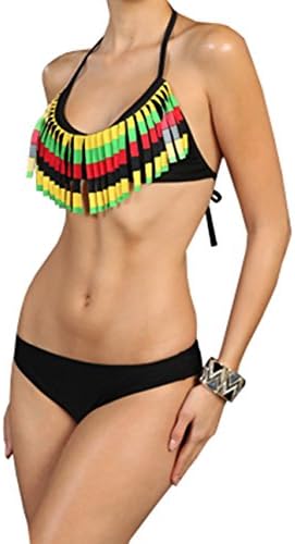 2 Piece Halter Fringe Bikini Top Set (Medium, Rasta)