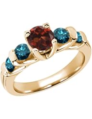 1.88 Ct Round Red Garnet Blue Diamond 18K Yellow Gold Ring