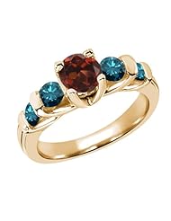 1.88 Ct Round Red Garnet Blue Diamond 14K Yellow Gold Ring