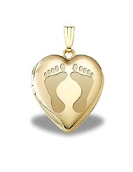 Solid 14k Yellow Gold Heart "Baby Footprints" Picture Locket 3/4 inch x 3/4 in