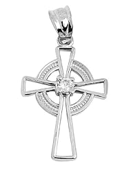 Irish Celtic Cross 10K White Gold Pendant with Center CZ