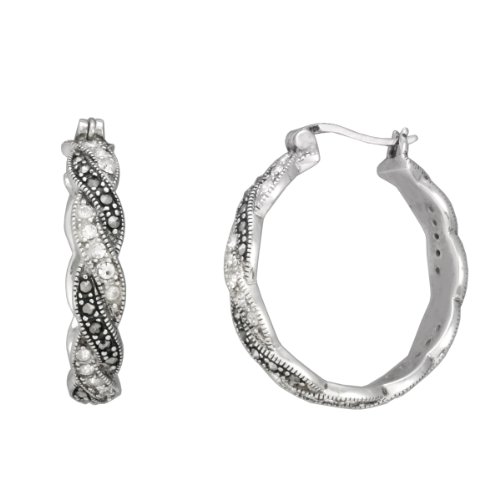 Sterling Silver Marcasite and Crystal Twisted Click Top Hoop Earrings