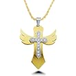 Stainless Steel Gold Plated Angel Wings Cross w/ 12 CZs in White Cross 24 Inch Ball Chain (39x47mm)