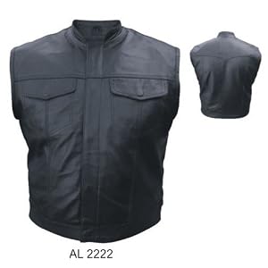 Mens Naked Black Aniline Cowhide Leather Vest in Denim style w hidden snaps & stand up collar 50