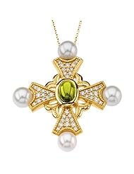 14K Yellow Gold Peridot, Pearl and Diamond Cross Pendant -- LIFETIME WARRANTY