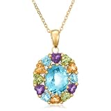 14k Yellow Gold Plated Sterling Silver Blue Topaz Oval with Heart-Shaped Multi-Gemstone Pendant,...