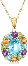 14k Yellow Gold Overlay Sterling Silver Blue Topaz Oval w/ Heart-Shaped Multi-Gemstone Pendant, 18.5"