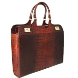Pratesi Cimabue Women's Double Gusset Italian Briefcase in Croco-Embossed Cognac