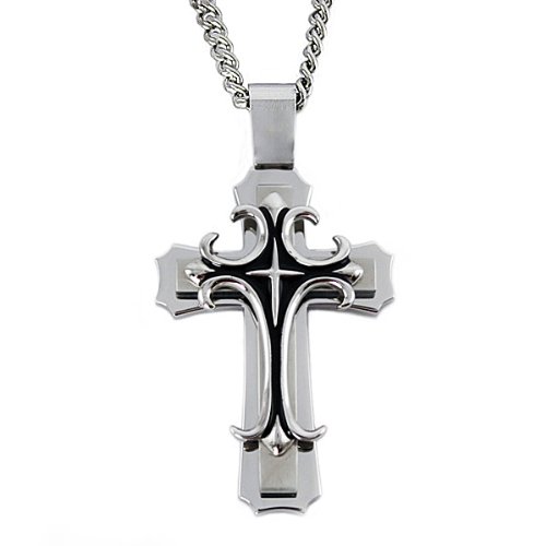 Men’s Stainless Steel Large Cross Pendant with 24 Inches Curb Chain