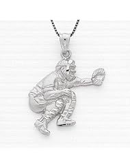 Sterling Silver Baseball Back Catcher Necklace Pendant with Box Chain