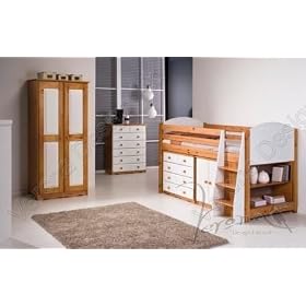 WHITE MIDSLEEPER CABIN BED, WITH CHEST OF DRAWERS, DOUBLE CUPBOARD AND BOOKCASE FROM CENTURION PINE