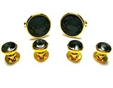 Gold Carbon Fiber Formal Tux Tuxedo Cufflink & Stud Set w/ Gift Box