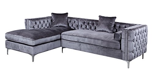 Iconic Home Da Vinci Tufted Silver Trim Grey Velvet Left Facing Sectional Sofa with Silver Tone Metal Y-Legs