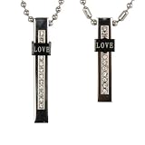 Stainless Steel Couples "Love" Cubic Zirconia Bar Pendant Necklaces Set 18"/20"-24"