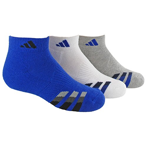 adidas Boys Cushion Low Cut Socks (Pack of 3), Bold Blue/Black - White/Bold Blue - Heathered Light Onix/Bold Blue, Large